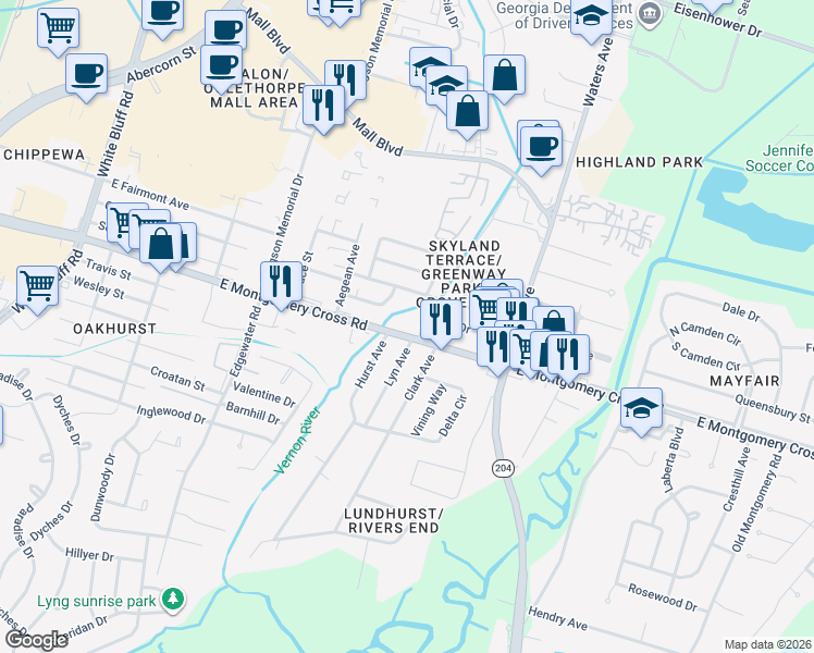 map of restaurants, bars, coffee shops, grocery stores, and more near 506 East Montgomery Cross Road in Savannah