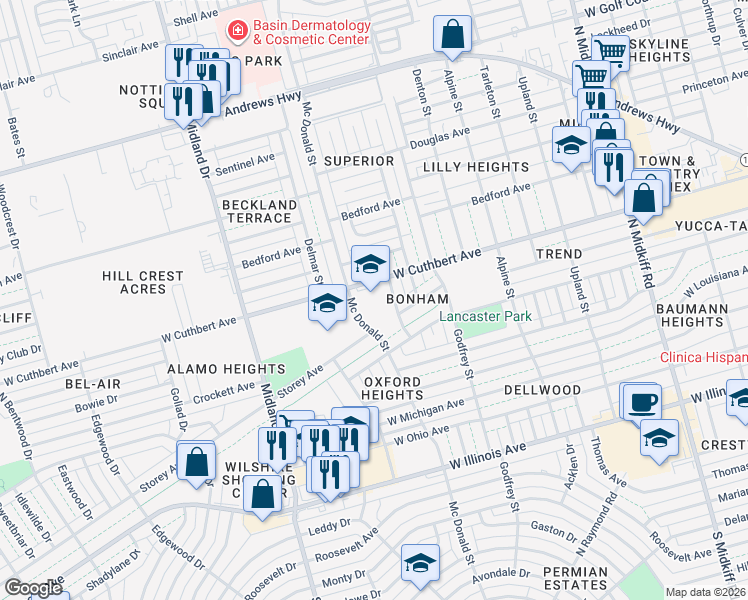 map of restaurants, bars, coffee shops, grocery stores, and more near 909 Bonham Street in Midland