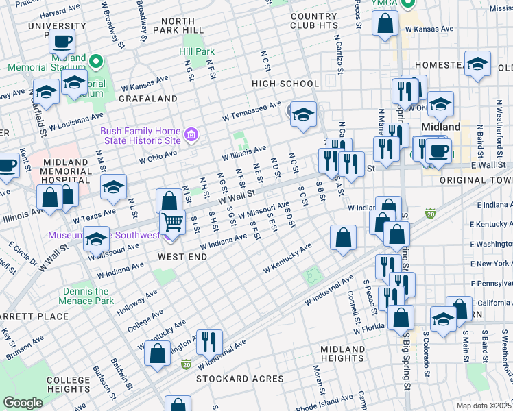 map of restaurants, bars, coffee shops, grocery stores, and more near 1205 West Missouri Avenue in Midland