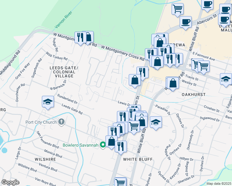 map of restaurants, bars, coffee shops, grocery stores, and more near 6 Lewis Drive in Savannah