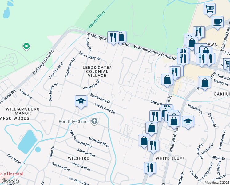 map of restaurants, bars, coffee shops, grocery stores, and more near 10710 Egmont Road in Savannah