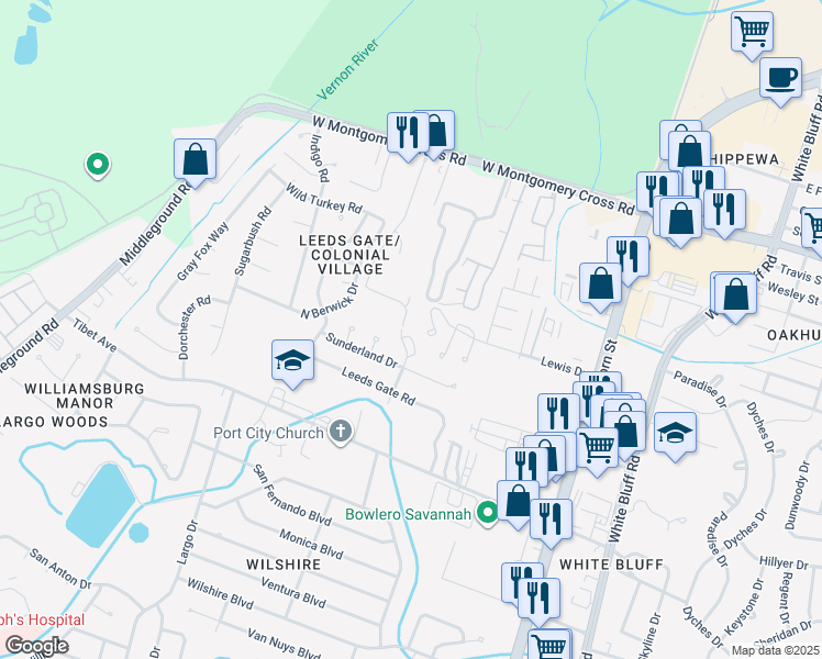 map of restaurants, bars, coffee shops, grocery stores, and more near 10710 Egmont Road in Savannah