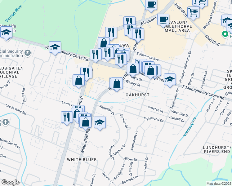 map of restaurants, bars, coffee shops, grocery stores, and more near 8914 White Bluff Road in Savannah