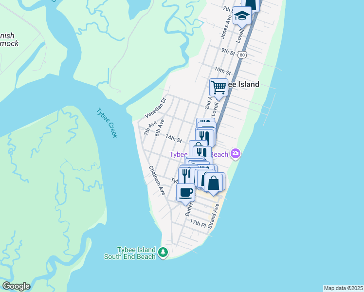 map of restaurants, bars, coffee shops, grocery stores, and more near in Tybee Island
