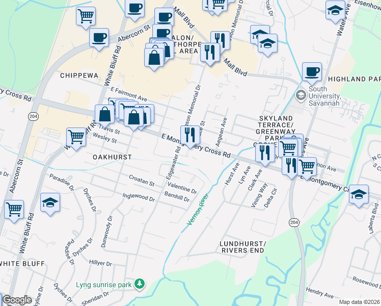 map of restaurants, bars, coffee shops, grocery stores, and more near 303 Montgomery Cross Rd in Savannah