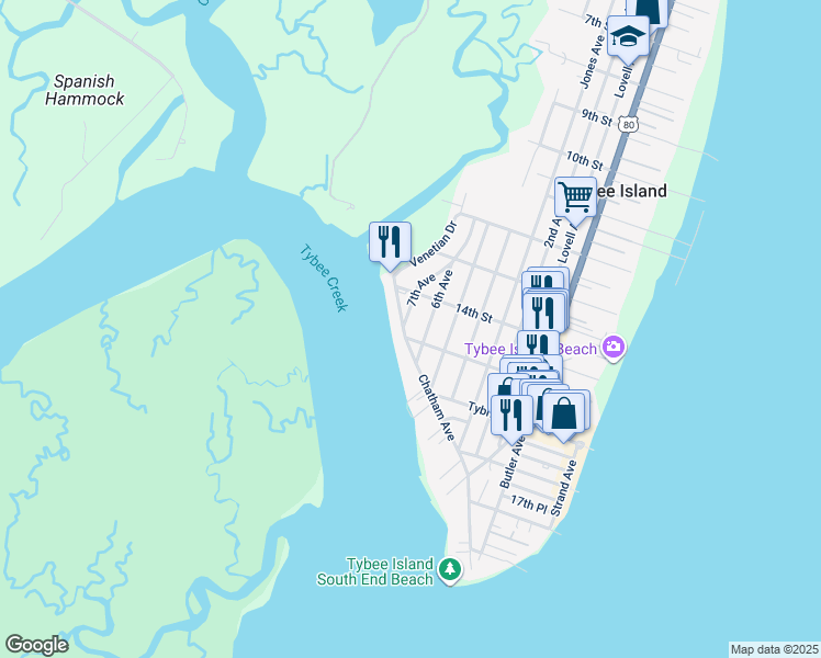 map of restaurants, bars, coffee shops, grocery stores, and more near 1416 7th Avenue in Tybee Island