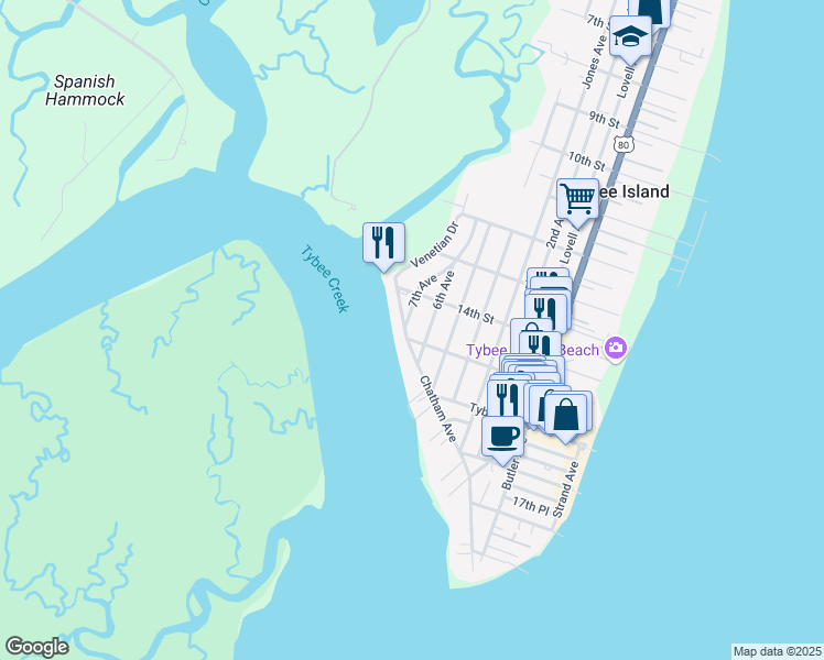 map of restaurants, bars, coffee shops, grocery stores, and more near 1416 7th Avenue in Tybee Island