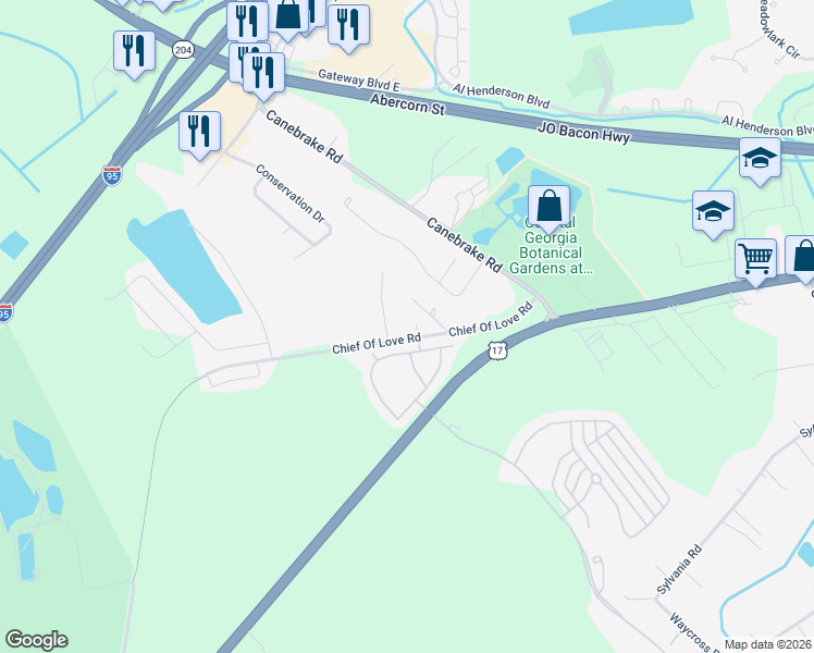 map of restaurants, bars, coffee shops, grocery stores, and more near 1151 Chief Of Love Road in Savannah