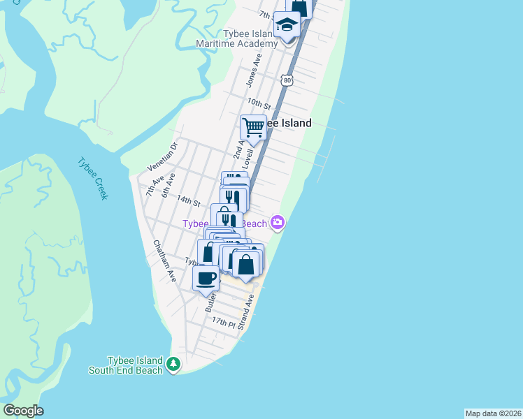 map of restaurants, bars, coffee shops, grocery stores, and more near 8 14th Street in Tybee Island