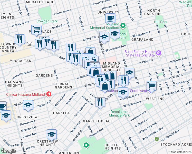map of restaurants, bars, coffee shops, grocery stores, and more near 1601 West Wall Street in Midland