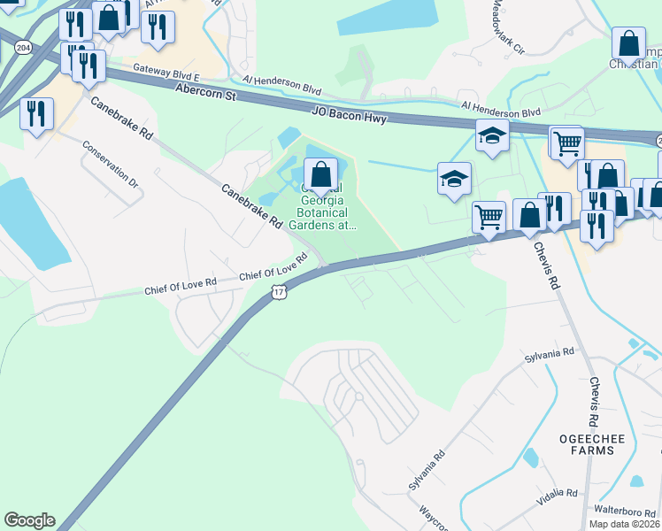 map of restaurants, bars, coffee shops, grocery stores, and more near 26 Canebrake Road in Savannah