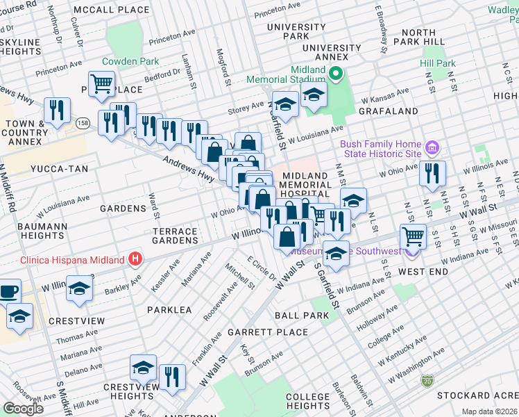 map of restaurants, bars, coffee shops, grocery stores, and more near 406 Andrews Highway in Midland