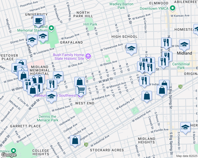 map of restaurants, bars, coffee shops, grocery stores, and more near 1407 West Texas Avenue in Midland