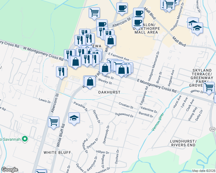 map of restaurants, bars, coffee shops, grocery stores, and more near 27 Wesley Street in Savannah