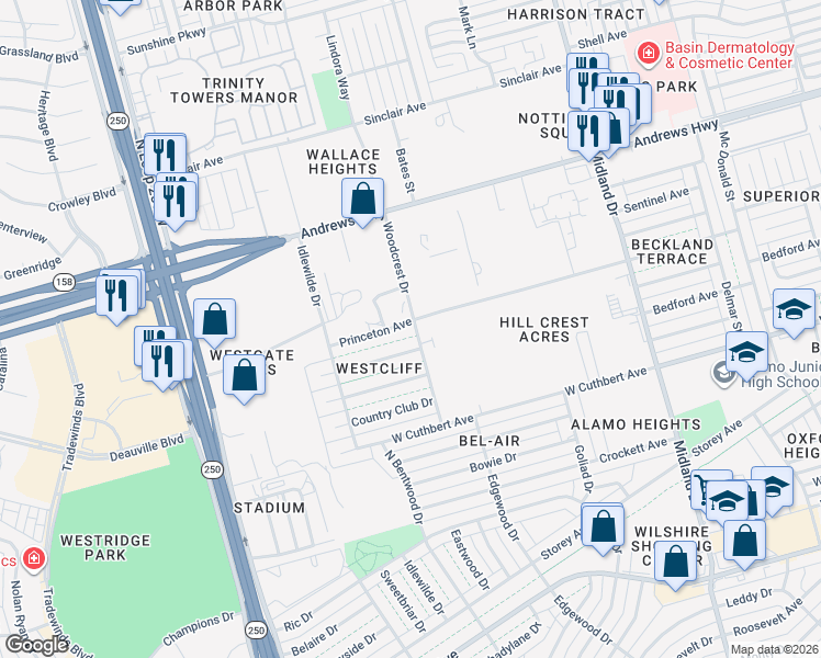 map of restaurants, bars, coffee shops, grocery stores, and more near 1410-1490 Woodcrest Drive in Midland