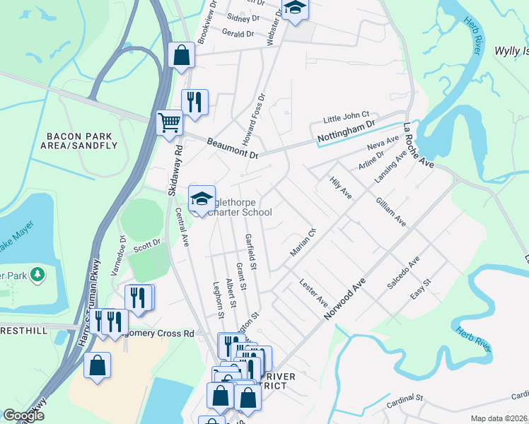 map of restaurants, bars, coffee shops, grocery stores, and more near 3 Cross Bow Court in Savannah