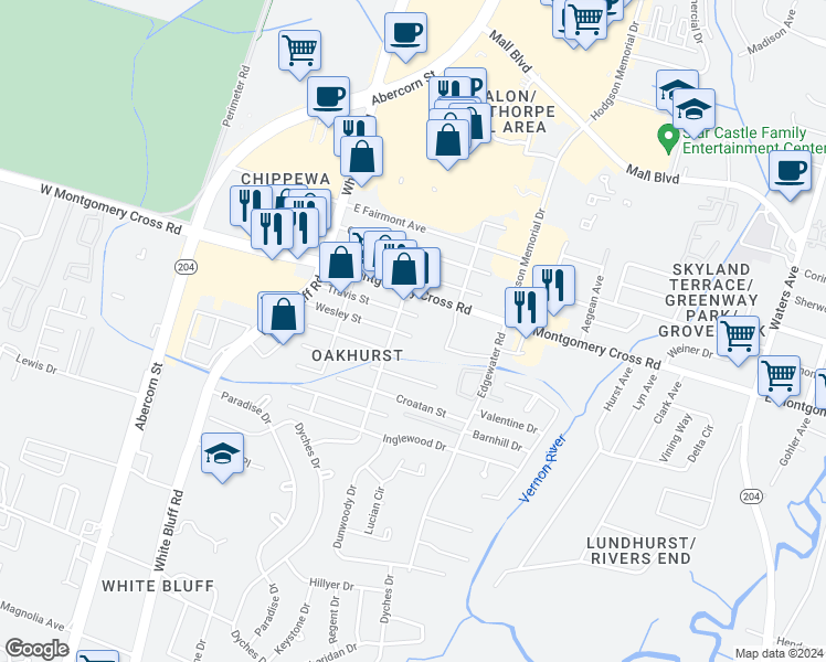 map of restaurants, bars, coffee shops, grocery stores, and more near 208 Wesley Street in Savannah
