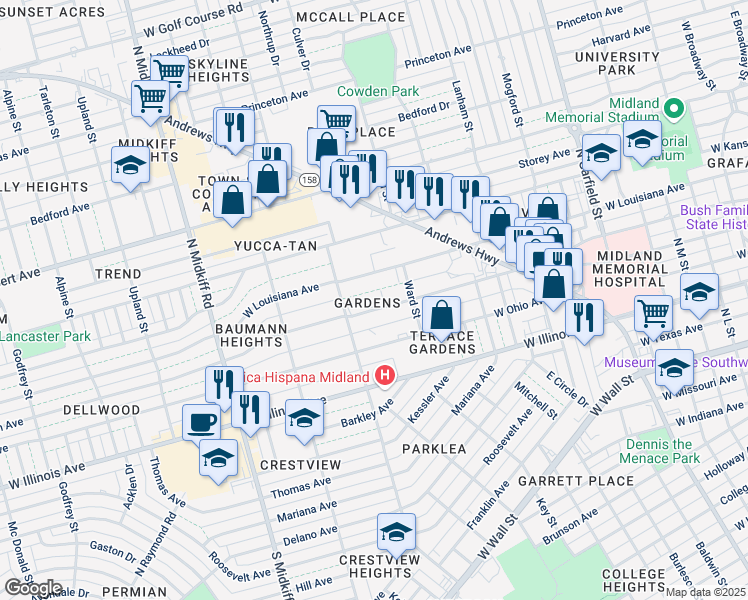 map of restaurants, bars, coffee shops, grocery stores, and more near 2906 West Michigan Avenue in Midland