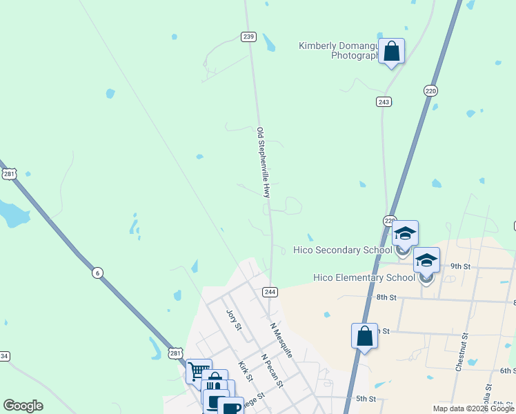map of restaurants, bars, coffee shops, grocery stores, and more near 475 County Road 244 in Hico
