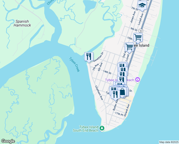 map of restaurants, bars, coffee shops, grocery stores, and more near 1405 Chatham Avenue in Tybee Island