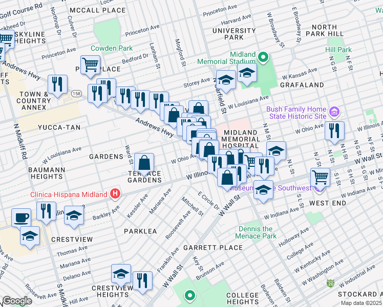 map of restaurants, bars, coffee shops, grocery stores, and more near 423 Andrews Hwy in Midland