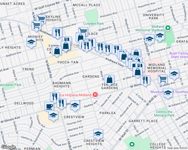 map of restaurants, bars, coffee shops, grocery stores, and more near 2906 West Michigan Avenue in Midland