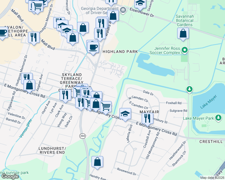 map of restaurants, bars, coffee shops, grocery stores, and more near 14 Sherwood Road in Savannah