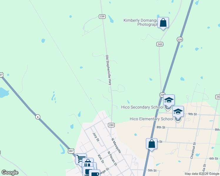 map of restaurants, bars, coffee shops, grocery stores, and more near 475 County Road 244 in Hico