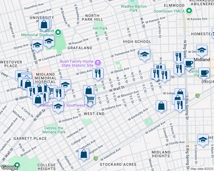 map of restaurants, bars, coffee shops, grocery stores, and more near 1407 West Texas Avenue in Midland