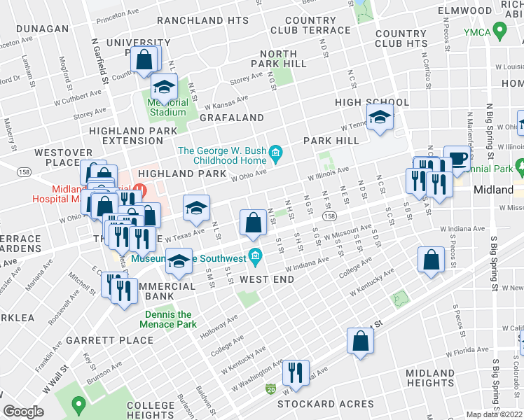 map of restaurants, bars, coffee shops, grocery stores, and more near 1604 West Texas Avenue in Midland