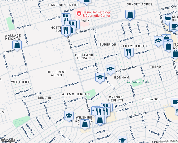 map of restaurants, bars, coffee shops, grocery stores, and more near 4310 Country Club Drive in Midland