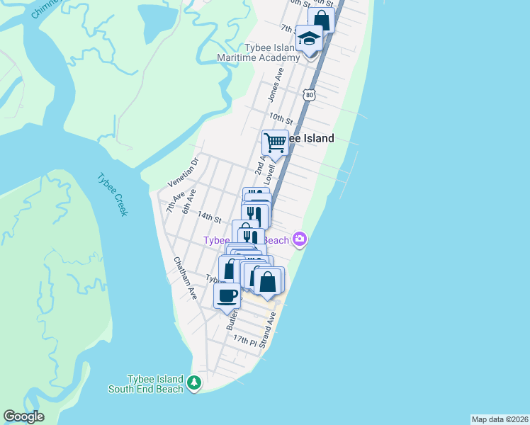 map of restaurants, bars, coffee shops, grocery stores, and more near in Tybee Island