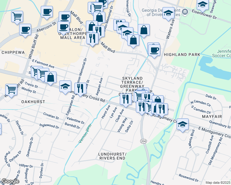 map of restaurants, bars, coffee shops, grocery stores, and more near 503 Cranman Dr in Savannah