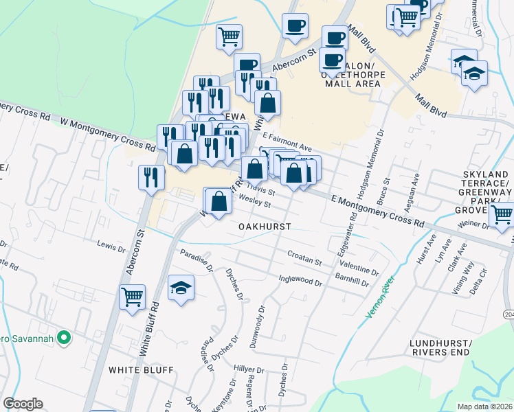 map of restaurants, bars, coffee shops, grocery stores, and more near 27 Wesley Street in Savannah