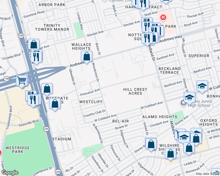 map of restaurants, bars, coffee shops, grocery stores, and more near 4627 Princeton Avenue in Midland