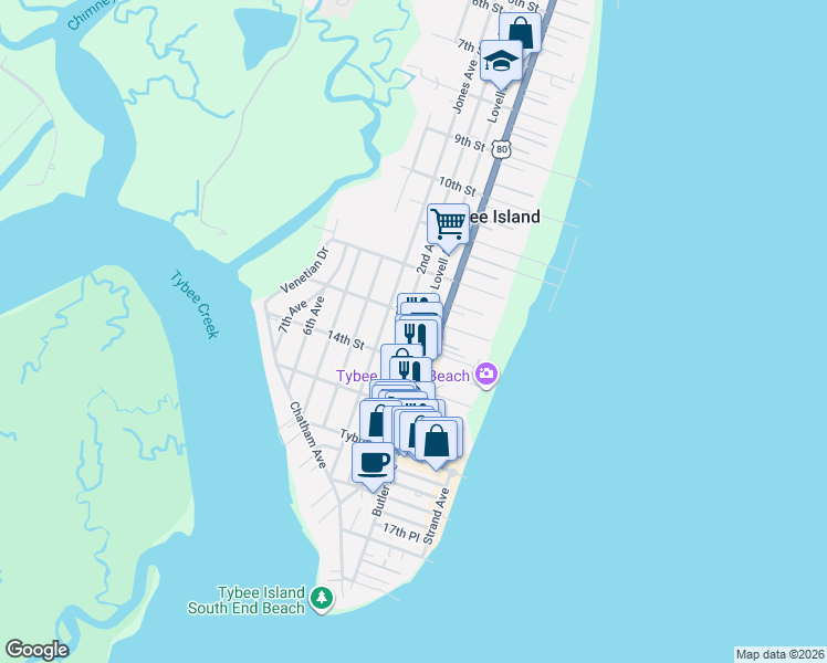map of restaurants, bars, coffee shops, grocery stores, and more near in Tybee Island