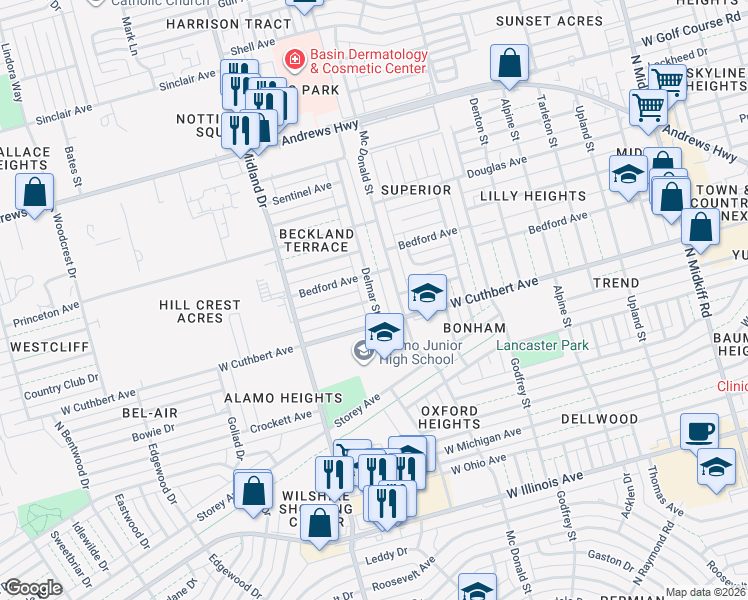 map of restaurants, bars, coffee shops, grocery stores, and more near 4300 Country Club Drive in Midland