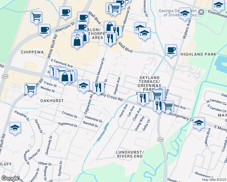 map of restaurants, bars, coffee shops, grocery stores, and more near 8303 Aegean Avenue in Savannah