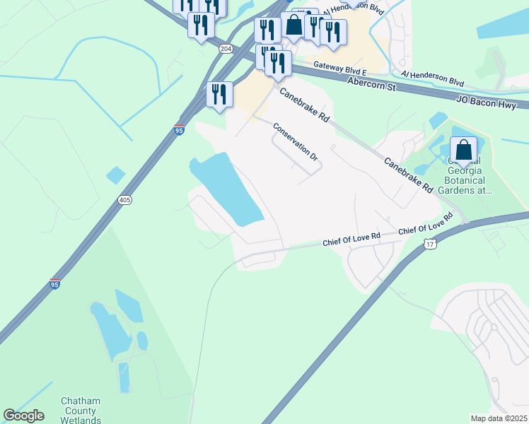 map of restaurants, bars, coffee shops, grocery stores, and more near 19 Litchfield Drive in Savannah
