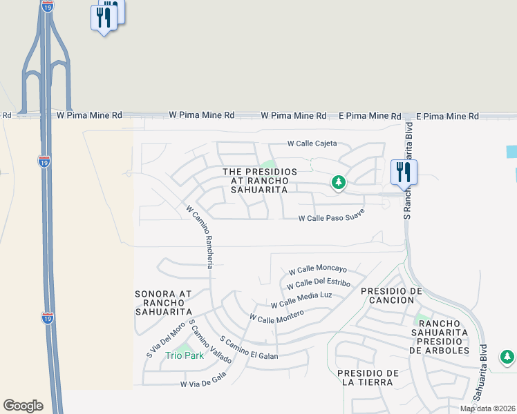 map of restaurants, bars, coffee shops, grocery stores, and more near 647 West Calle Tolmo in Sahuarita