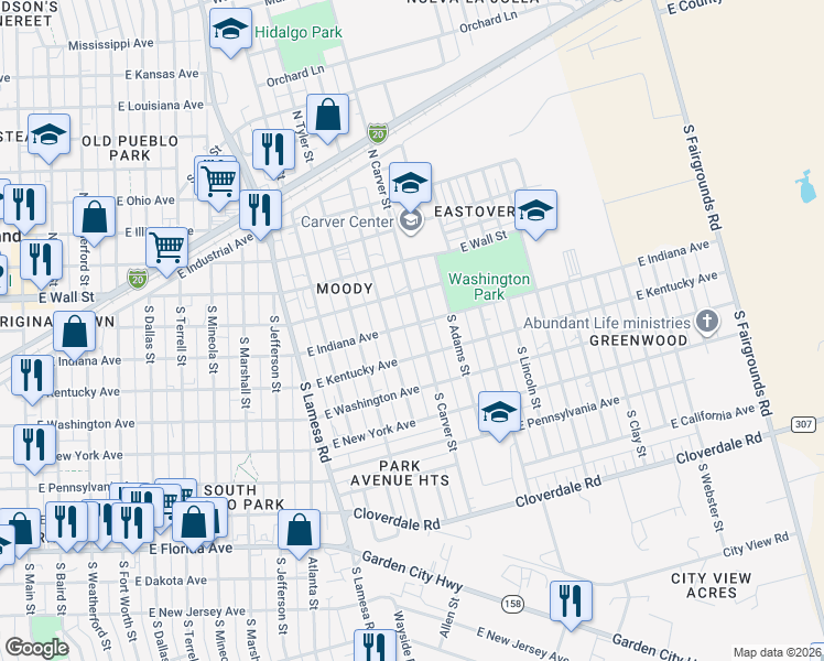 map of restaurants, bars, coffee shops, grocery stores, and more near 301 South Carver Street in Midland
