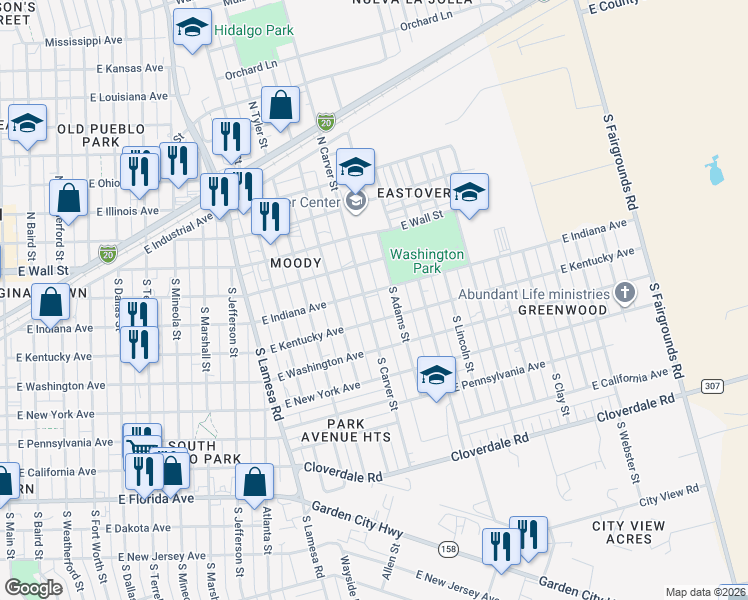 map of restaurants, bars, coffee shops, grocery stores, and more near 301 South Carver Street in Midland