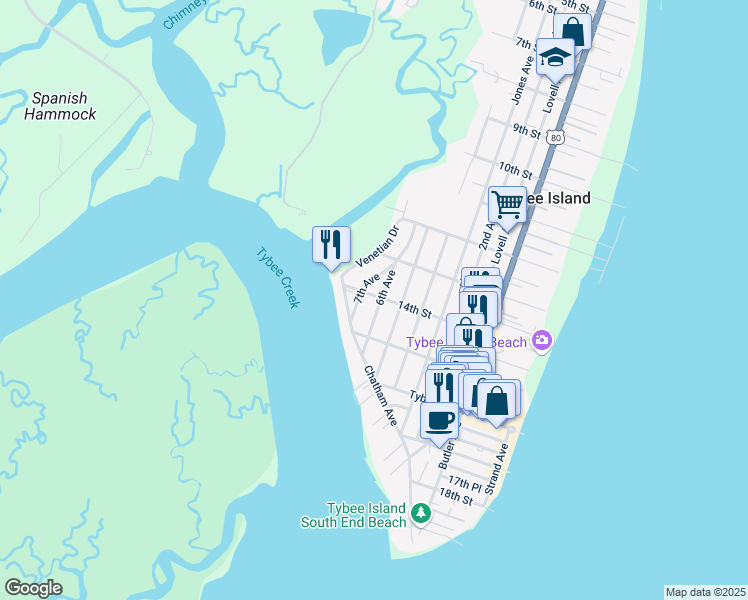 map of restaurants, bars, coffee shops, grocery stores, and more near 1401 6th Avenue in Tybee Island