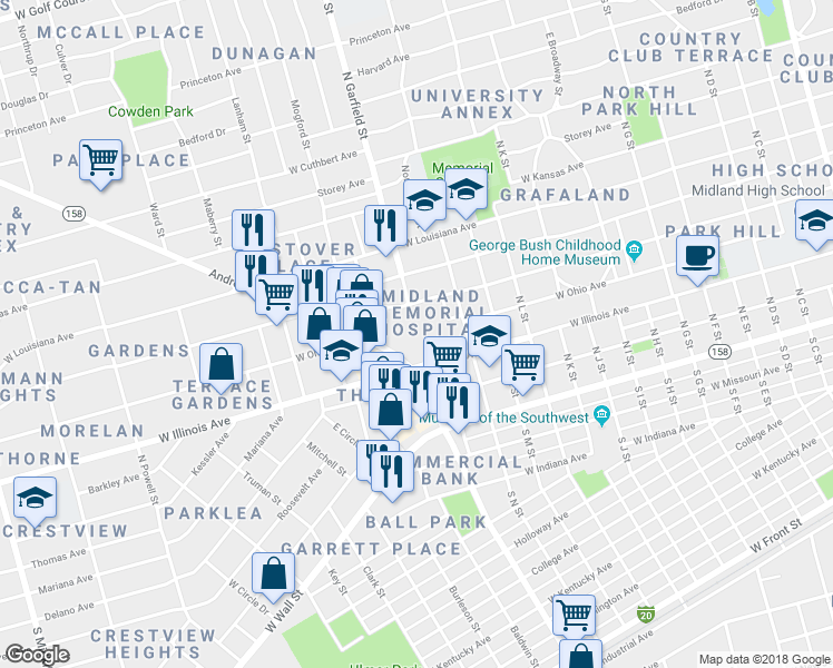 map of restaurants, bars, coffee shops, grocery stores, and more near 2200 West Illinois Avenue in Midland