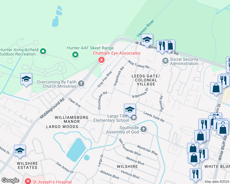 map of restaurants, bars, coffee shops, grocery stores, and more near 10602 Sugarbush Road in Savannah