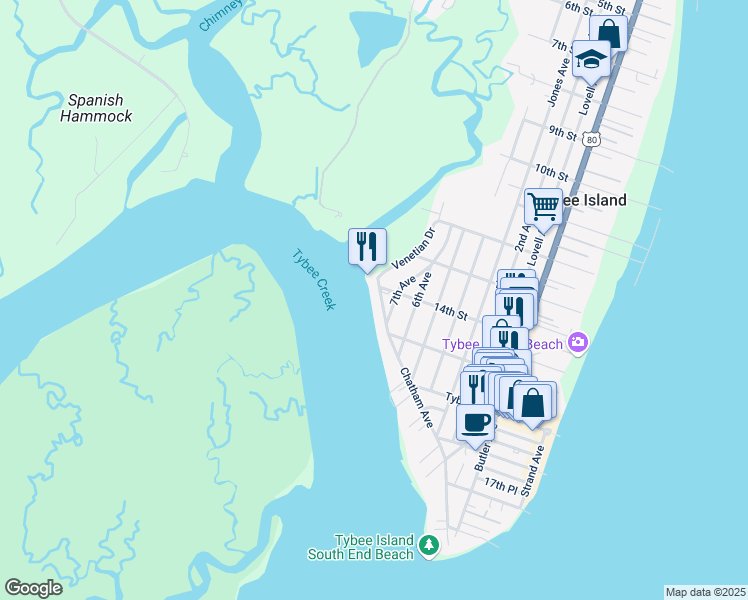 map of restaurants, bars, coffee shops, grocery stores, and more near 1405 Chatham Avenue in Tybee Island