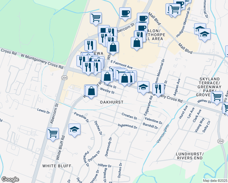 map of restaurants, bars, coffee shops, grocery stores, and more near 149 East Montgomery Cross Road in Savannah