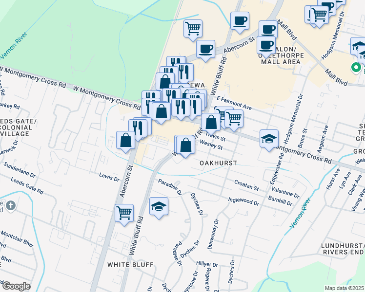 map of restaurants, bars, coffee shops, grocery stores, and more near 8914 White Bluff Road in Savannah
