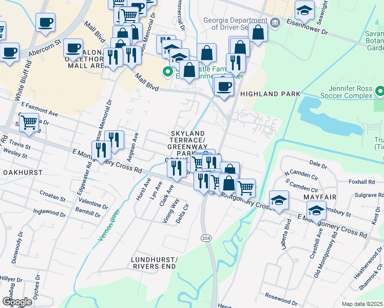 map of restaurants, bars, coffee shops, grocery stores, and more near 21 Arthur Circle in Savannah