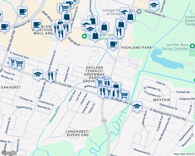 map of restaurants, bars, coffee shops, grocery stores, and more near 21 Arthur Circle in Savannah
